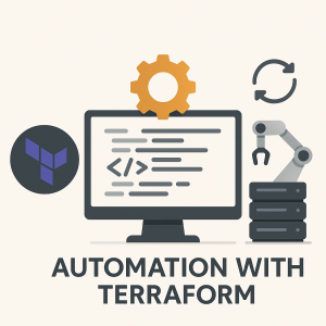 Ilustração de automação de infraestrutura com Terraform, mostrando engrenagem, código e braço robótico.